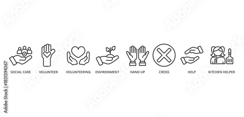 volunteering banner icon concept with icon of social care, volunteer, volunteering, environment, hand up, cross, help, and kitchen helper


 




