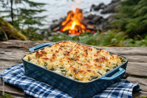 Baked casserole at campfire. Cozy, rustic meal outdoor