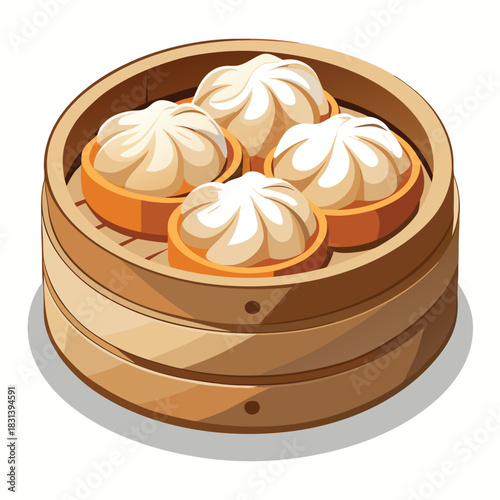 Detailed vector rendering of plump steamed dumplings showcased in a classic bamboo steamer with realistic shading and warm culinary atmosphere.