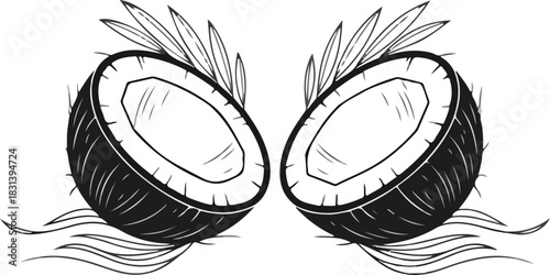 A black and white illustration of two halves of a coconut with palm leaves and wavy lines.