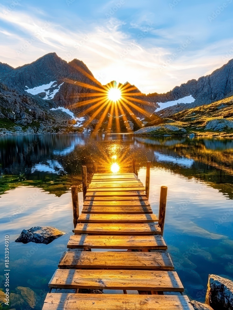 Fototapeta premium Sunrise reflection over serene lake mountain landscape nature photography tranquil environment scenic viewpoint