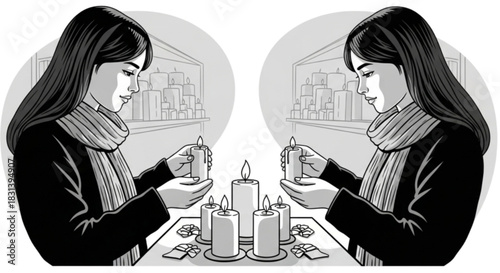 A thoughtful young woman in a scarf holding a glowing candle.