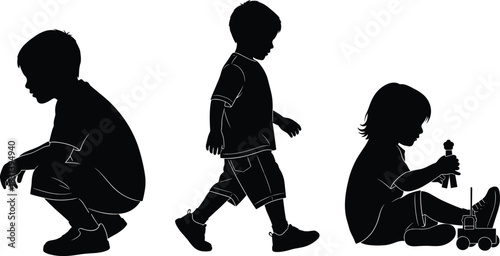 Set of black silhouette vector illustrations of a little boy crouching, walking, and sitting playing with a toy, isolated on white background.