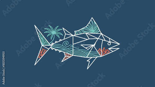 Geometric tuna fish illustration with tropical elements like palm trees and coral.
