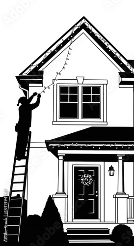 Silhouette of a person on a ladder decorating a house with Christmas lights.