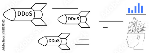 Three rockets labeled DDoS targeting a head symbolizing growth, ideas, progress. Ideal for cybersecurity, resilience, data analysis, innovation, problem-solving technology stress management. Simple