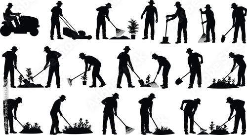 Set of black silhouette vector illustrations of gardeners working, featuring men mowing lawn, raking leaves, digging soil, and planting, isolated on white background.