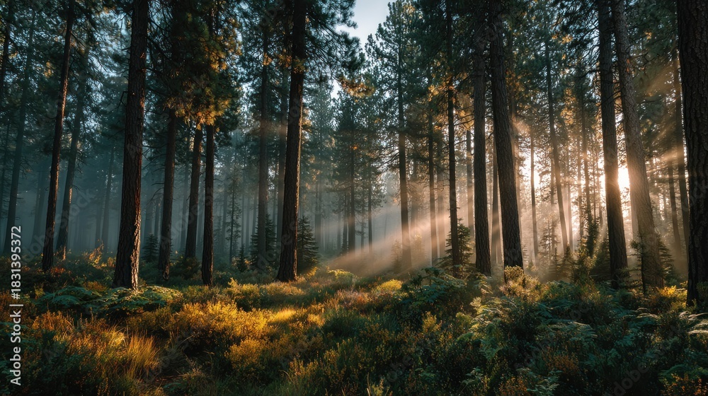 Obraz premium Sunlight streams through a tranquil forest scene creating a serene and natural landscape