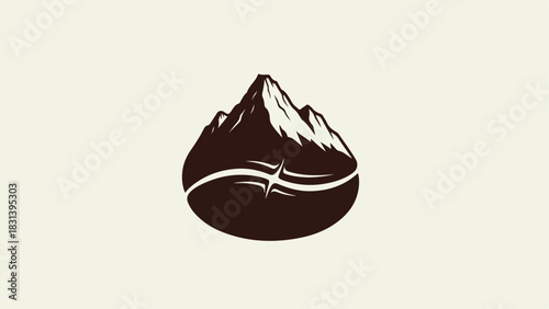 A stylized dark brown mountain peak with snow-capped ridges and a curved white line representing a path or river.