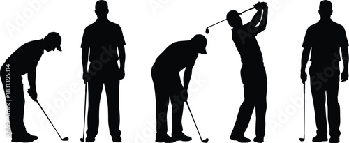 Set of black silhouette vector illustrations of male golfers in various poses, swinging club and putting, isolated on white background, sports concept.