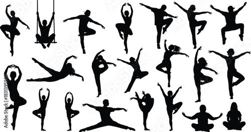 Set of black silhouettes featuring dancers and gymnasts in various active poses, ballet and modern style, isolated vector illustration on white.