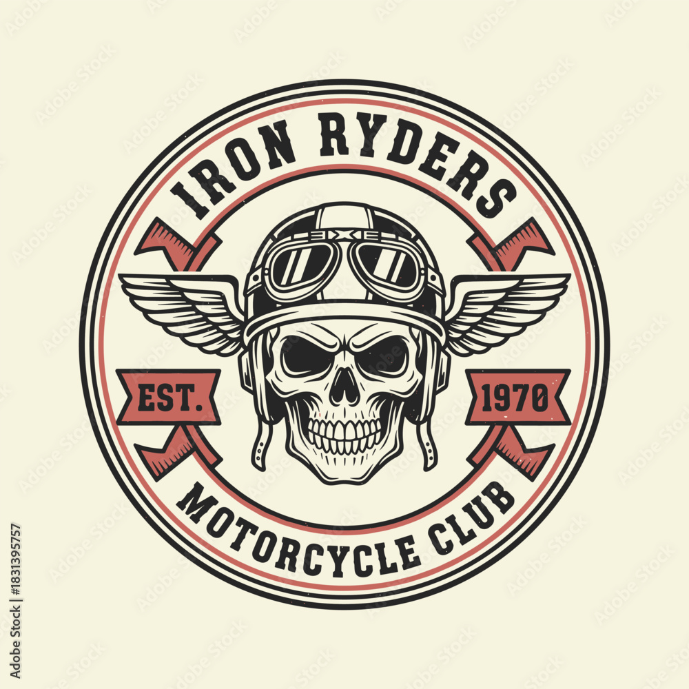 Fototapeta premium Classic Iron Ryders Motorcycle Club Retro Helmet Skull Emblem