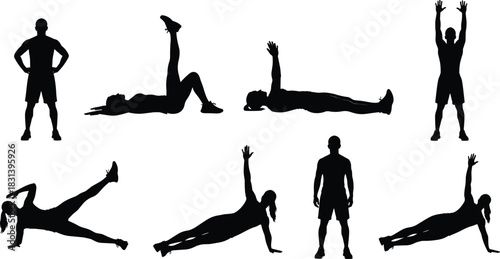 Set of black silhouettes of men and women doing fitness exercises, workout poses for gym and pilates, vector illustration isolated on white background.