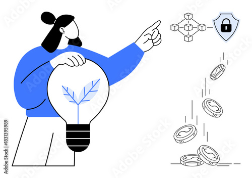 Woman holds eco-friendly lightbulb with leaf design, points to blockchain network, security icon, and falling coins. Ideal for sustainability, innovation, blockchain, security, digital economy