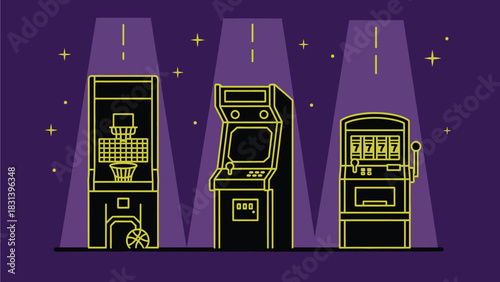 Arcade games slot machines basketball game vector illustration