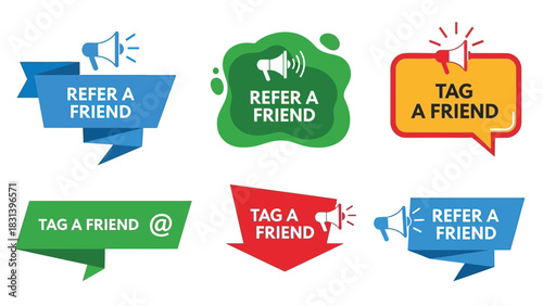 Refer a friend and tag a friend marketing vector graphics set