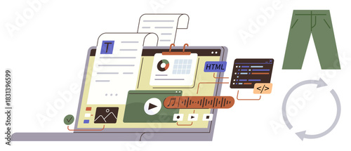 Laptop displaying content editing, data charts, code, media files, accompanied by pants and circular arrows. Ideal for content creation, coding, data analysis, media e-commerce sustainability flat