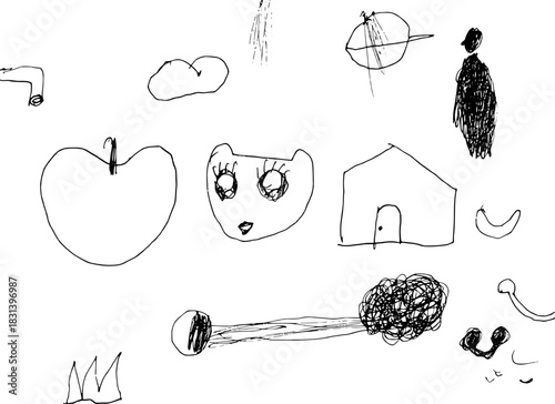 Line Art Scribble Apple Cat House Person Motif Set Icon Hand Drawn (Hogara)