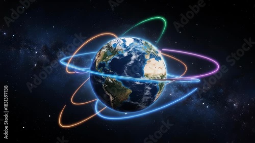 A glowing Earth in space, encircled by radiant, neon-colored orbits