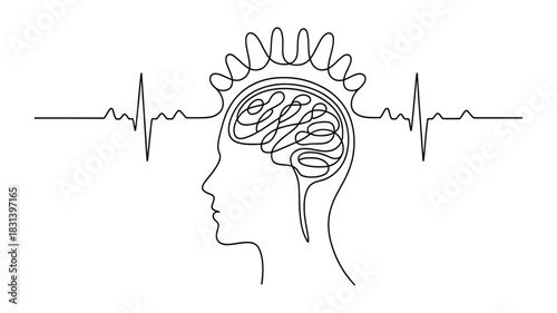 Abstract Line Art Human Head with Brain and ECG Wave  Creativity and Mental Activity 