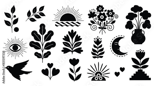 Boho floral elements vector design set black and white graphics