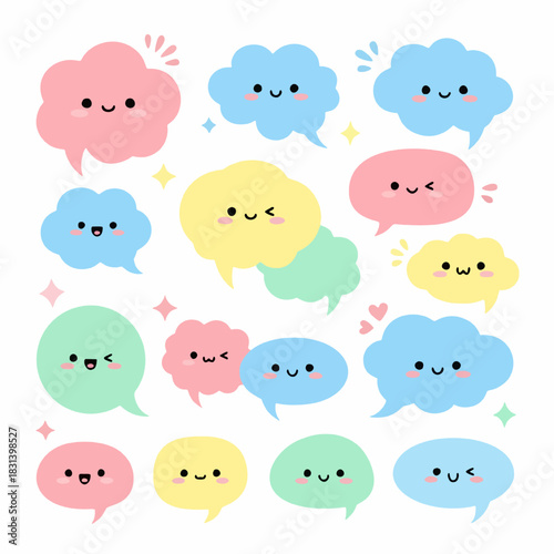 Kawaii Cute Speech Bubbles Vector Illustration Set