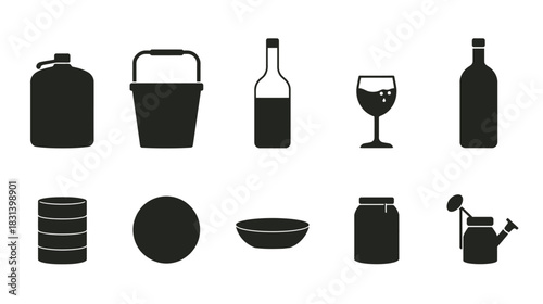 Silhouetted containers and vessels of various shapes and sizes arranged in two rows.