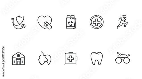 Health and medical icons: stethoscope, heart, pills, cross, running, hospital, leaves, first aid, tooth, glasses.