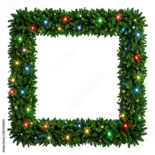 Festive Frame: An evergreen wreath, adorned with a vibrant array of colorful lights, forms a captivating square frame, perfect for adding a touch of holiday cheer to any visual.
