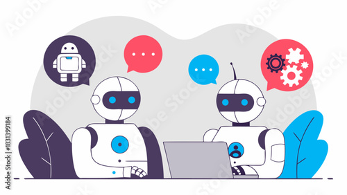 Two robots communicating with speech bubbles and a laptop on a table with leaves behind them