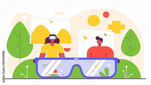 Illustration of people using vr headsets with virtual landscapes and geometric shapes around them