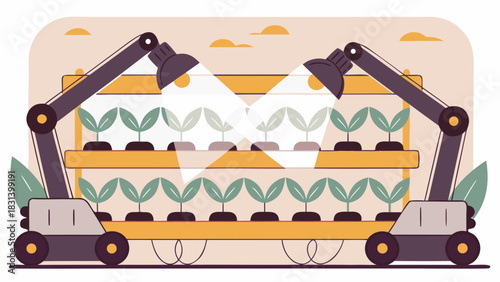 Illustration of automated indoor vertical farming with robotic arms and plant growth lights