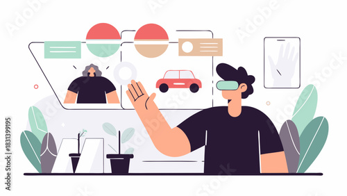 Man interacting with virtual reality interface displaying a car and a video call screen view