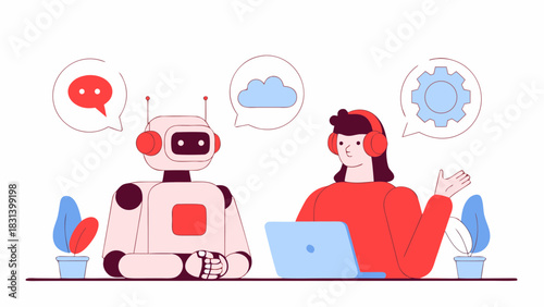 Illustration of a robot and a woman with a laptop communicating with speech bubbles above them