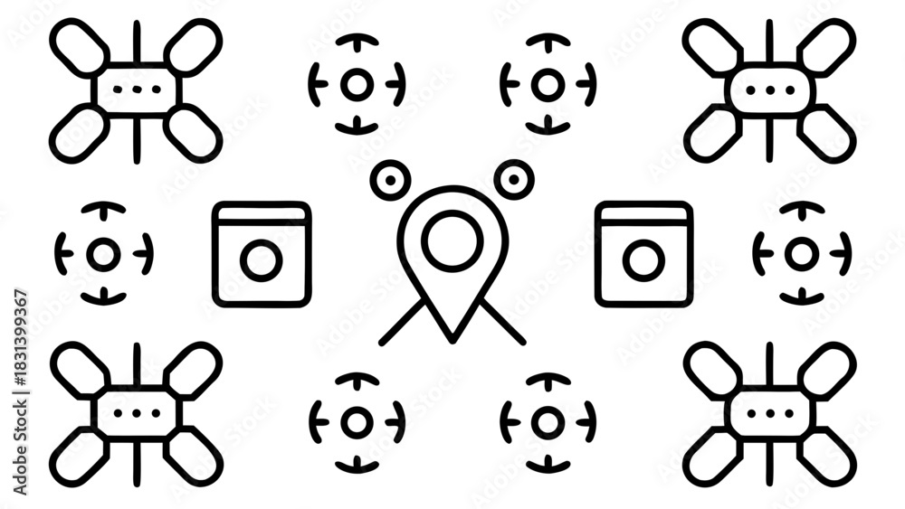 Fototapeta premium Black and white graphic featuring drones, location pin, and washer icons arranged symmetrically on white