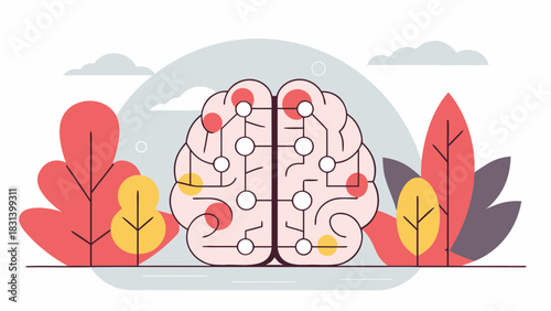 Stylized brain illustration with connected nodes and colorful leaf designs around it
