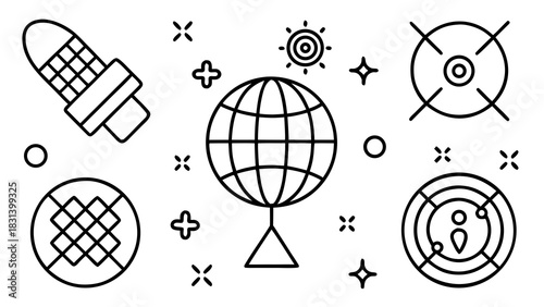 Outlined globe with satellite and radar icons surrounded by star and cross shapes in black and white