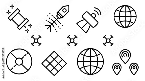 Illustration of space exploration icons including rocket, satellite, and earth globe in black outline