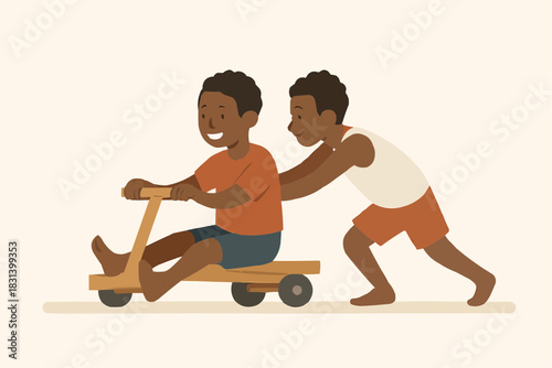 Street Children with Wooden Cart Vector