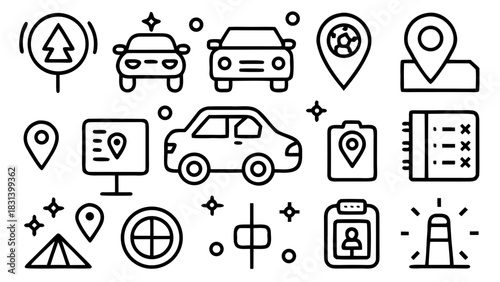 Illustration of various travel and navigation icons including cars maps and camping elements design