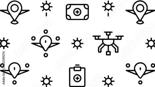 Illustration featuring travel icons, drone, clipboard, and sunbursts in a seamless monochrome pattern