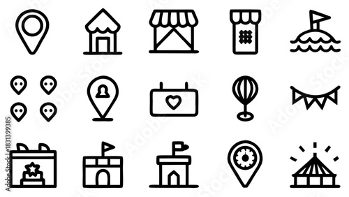 Collection of outline icons representing various locations and event related symbols in a grid format