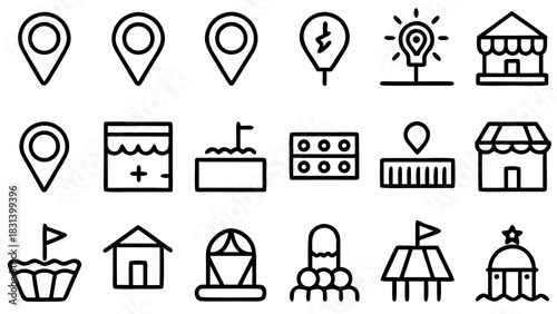 Illustration of various map pointers, shops, tents, and other miscellaneous icons in black outline