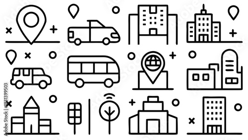 Illustration showcases transportation, buildings, and location icons in simple black outline design