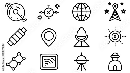 Collection of communication and technology icons including satellite and antenna designs shown in black
