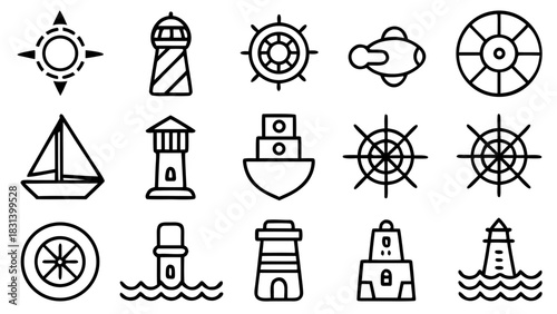 Collection of nautical themed line art icons featuring lighthouses ships wheels and compasses in a grid