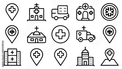 Outline icons depicting medical facilities, transport, and location markers on a white background