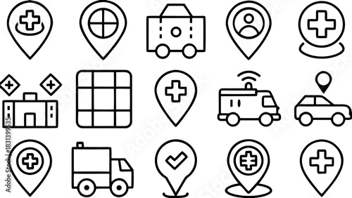 Line art illustration featuring medical icons, vehicles, and location markers in a grid layout