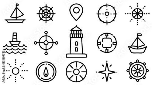 Collection of nautical themed line art icons featuring boats, wheels, compasses and a lighthouse design