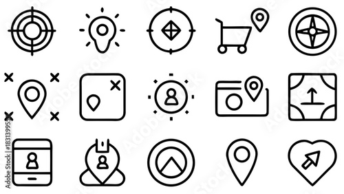 Collection of various outline icons featuring location, target, and shopping cart elements in black and white